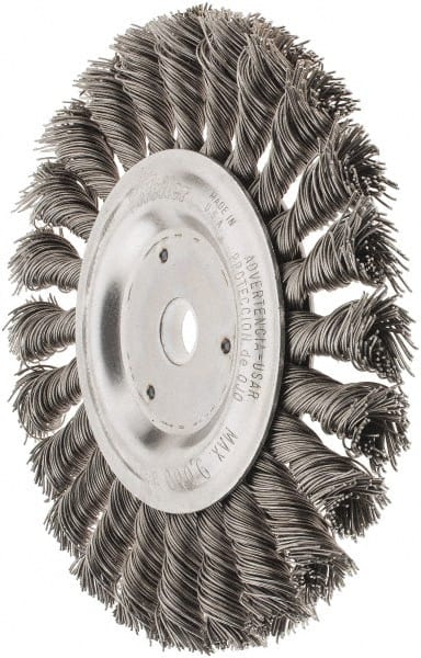 Weiler - 6" OD, 5/8" Arbor Hole, Knotted Steel Wheel Brush - 1/2" Face Width, 1-3/8" Trim Length, 0.023" Filament Diam, 9,000 RPM - Exact Tooling