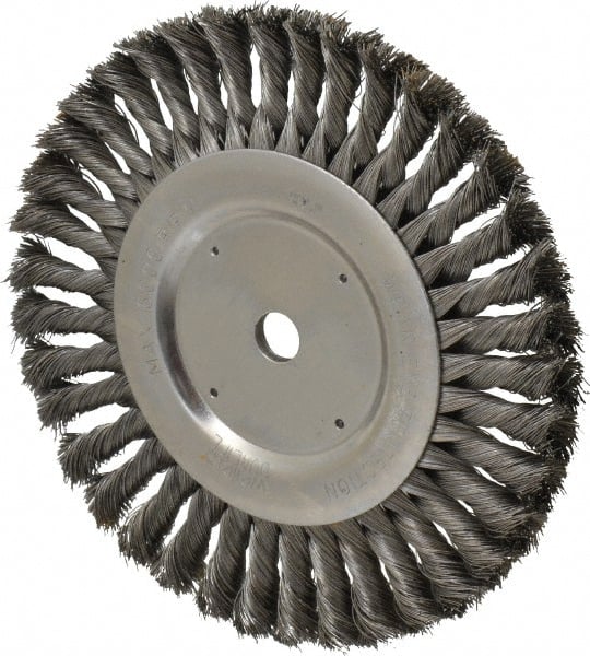 Weiler - 8" OD, 5/8" Arbor Hole, Knotted Steel Wheel Brush - 5/8" Face Width, 1-5/8" Trim Length, 0.016" Filament Diam, 6,000 RPM - Exact Tooling