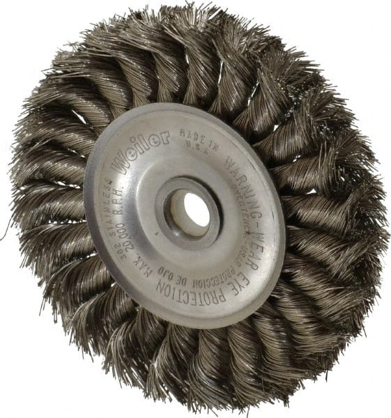 Weiler - 4" OD, 1/2" Arbor Hole, Knotted Stainless Steel Wheel Brush - 1/2" Face Width, 7/8" Trim Length, 0.0118" Filament Diam, 20,000 RPM - Exact Tooling