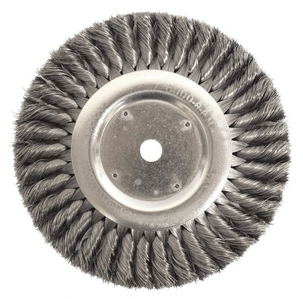 Weiler - 8" OD, 5/8" Arbor Hole, Knotted Stainless Steel Wheel Brush - 5/8" Face Width, 1-5/8" Trim Length, 0.0118" Filament Diam, 6,000 RPM - Exact Tooling