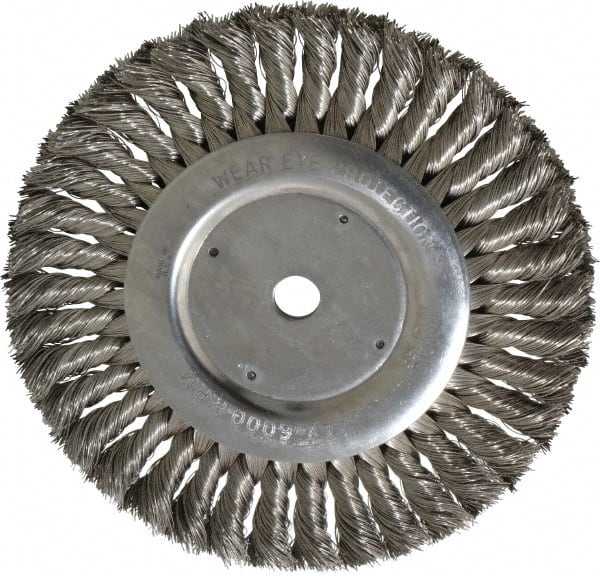 Weiler - 8" OD, 5/8" Arbor Hole, Knotted Stainless Steel Wheel Brush - 5/8" Face Width, 1-5/8" Trim Length, 0.016" Filament Diam, 6,000 RPM - Exact Tooling