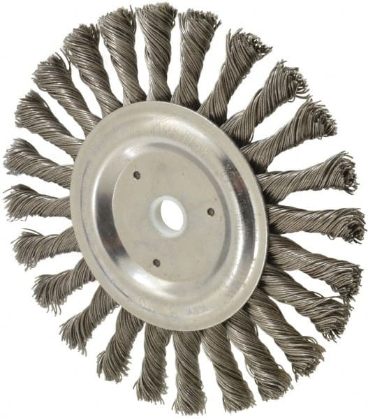 Weiler - 6" OD, 5/8" Arbor Hole, Knotted Steel Wheel Brush - 3/8" Face Width, 1-3/8" Trim Length, 0.023" Filament Diam, 9,000 RPM - Exact Tooling