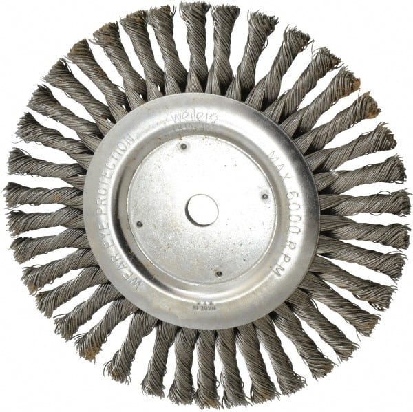 Weiler - 8" OD, 5/8" Arbor Hole, Knotted Steel Wheel Brush - 1/2" Face Width, 1-5/8" Trim Length, 0.023" Filament Diam, 6,000 RPM - Exact Tooling