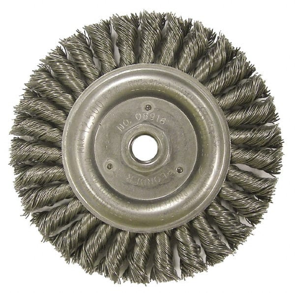 Weiler - 6" OD, 5/8-11 Arbor Hole, Knotted Steel Wheel Brush - 1/2" Face Width, 1-1/4" Trim Length, 0.023" Filament Diam, 12,500 RPM - Exact Tooling
