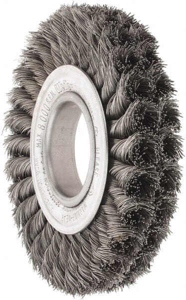 Weiler - 6" OD, 2" Arbor Hole, Knotted Steel Wheel Brush - 7/8" Face Width, 1-3/8" Trim Length, 0.016" Filament Diam, 8,000 RPM - Exact Tooling