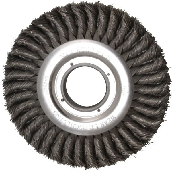 Weiler - 8" OD, 2" Arbor Hole, Knotted Steel Wheel Brush - 1" Face Width, 1-5/8" Trim Length, 0.016" Filament Diam, 6,000 RPM - Exact Tooling