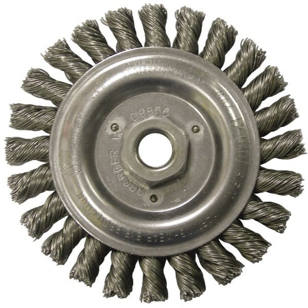 Weiler - 5" OD, 5/8-11 Arbor Hole, Knotted Steel Wheel Brush - 1/2" Face Width, 7/8" Trim Length, 0.023" Filament Diam, 12,500 RPM - Exact Tooling