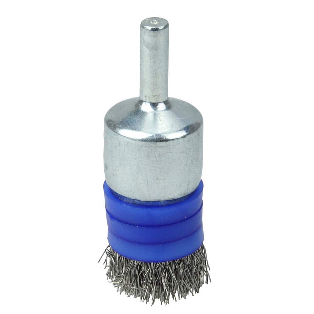 Weiler - End Brushes; Brush Diameter (Inch): 3/4 ; Fill Material: Stainless Steel ; Filament/Wire Diameter Range (Decimal Inch): 0.0201 and Above ; Filament/Wire Diameter (Decimal Inch): 0.0104 ; Wire Type: Crimped Wire ; Bridled: Yes - Exact Tooling