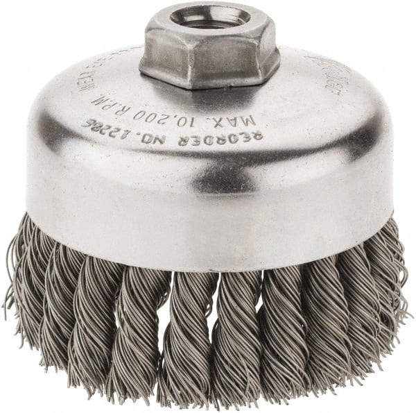 Weiler - 4" Diam, 5/8-11 Threaded Arbor, Steel Fill Cup Brush - 0.023 Wire Diam, 1-1/4" Trim Length, 9,000 Max RPM - Exact Tooling