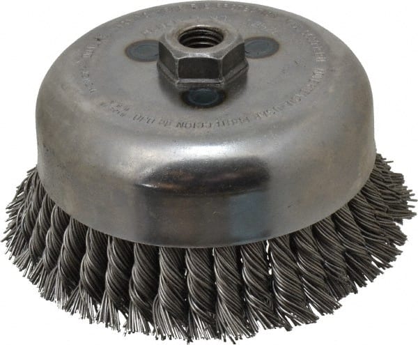 Weiler - 6" Diam, 5/8-11 Threaded Arbor, Steel Fill Cup Brush - 0.035 Wire Diam, 1-3/8" Trim Length, 6,600 Max RPM - Exact Tooling