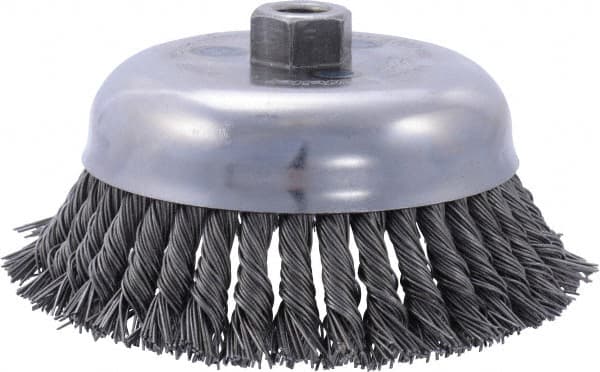 Weiler - 6" Diam, 5/8-11 Threaded Arbor, Steel Fill Cup Brush - 0.035 Wire Diam, 1-5/8" Trim Length, 6,000 Max RPM - Exact Tooling