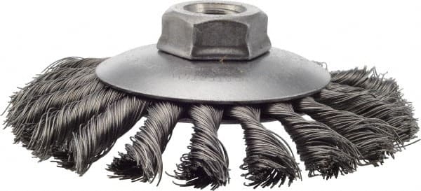Weiler - 4-1/2" OD, 5/8-11 Arbor Hole, Knotted Steel Wheel Brush - 3/8" Face Width, 1" Trim Length, 0.014" Filament Diam, 12,500 RPM - Exact Tooling