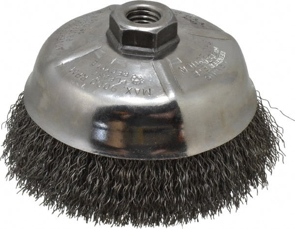 Weiler - 5" Diam, 5/8-11 Threaded Arbor, Steel Fill Cup Brush - 0.014 Wire Diam, 1-1/4" Trim Length, 8,000 Max RPM - Exact Tooling