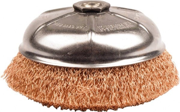 Weiler - 6" Diam, 5/8-11 Threaded Arbor, Bronze Fill Cup Brush - 0.02 Wire Diam, 1-1/4" Trim Length, 6,600 Max RPM - Exact Tooling
