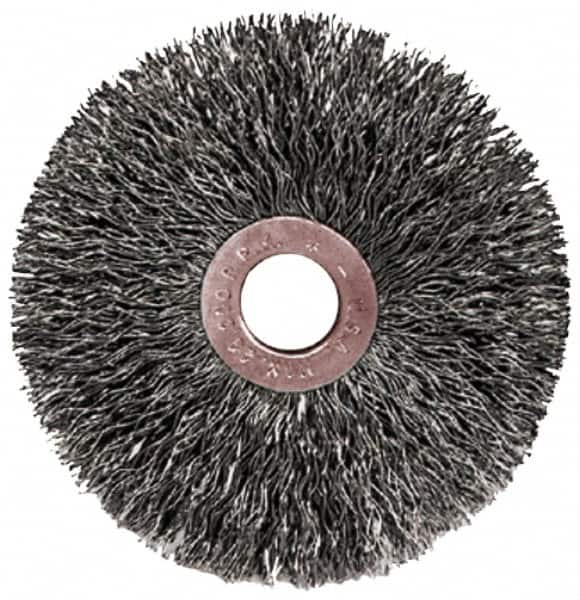 Weiler - 2" OD, 1/2" Arbor Hole, Crimped Steel Wheel Brush - 3/8" Face Width, 1/2" Trim Length, 0.0104" Filament Diam, 20,000 RPM - Exact Tooling