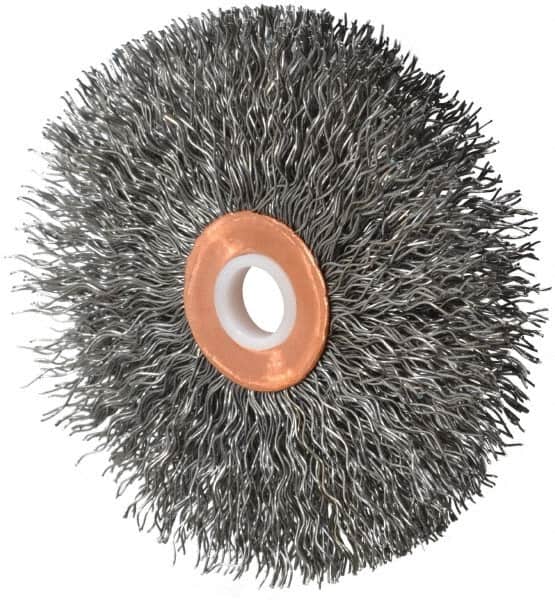 Weiler - 3" OD, 1/2" Arbor Hole, Crimped Steel Wheel Brush - 5/8" Face Width, 1" Trim Length, 0.014" Filament Diam, 20,000 RPM - Exact Tooling