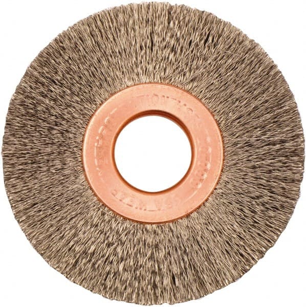Weiler - 2" OD, 1/2" Arbor Hole, Crimped Stainless Steel Wheel Brush - 3/8" Face Width, 1/2" Trim Length, 0.005" Filament Diam, 20,000 RPM - Exact Tooling