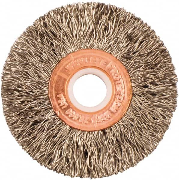 Weiler - 2" OD, 1/2" Arbor Hole, Crimped Stainless Steel Wheel Brush - 3/8" Face Width, 1/2" Trim Length, 0.0118" Filament Diam, 20,000 RPM - Exact Tooling