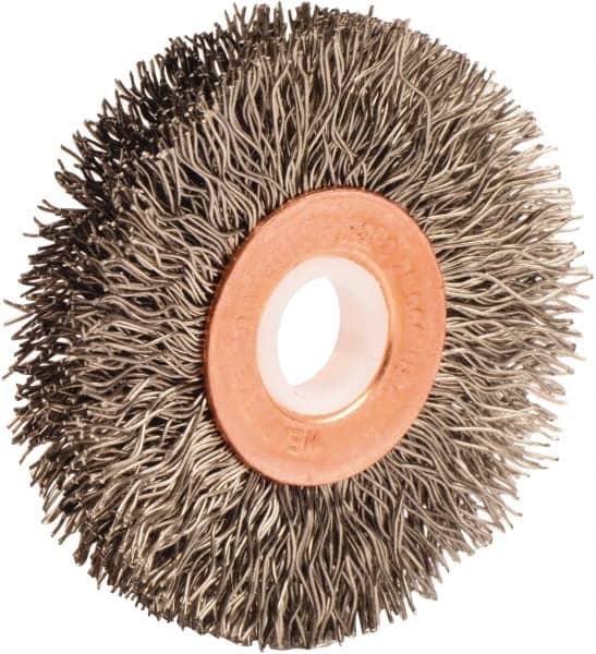 Weiler - 2" OD, 1/2" Arbor Hole, Crimped Stainless Steel Wheel Brush - 3/8" Face Width, 1/2" Trim Length, 0.014" Filament Diam, 20,000 RPM - Exact Tooling