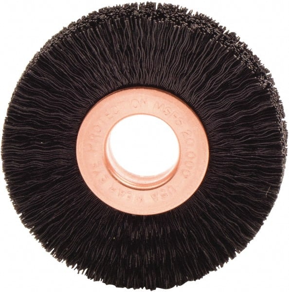 Weiler - 2" OD, 1/2" Arbor Hole, Nylon Wheel Brush - 3/8" Face Width, 1/2" Trim Length, 0.01" Filament Diam, 20,000 RPM - Exact Tooling