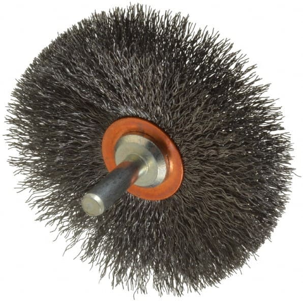 Weiler - 3" OD, 1/4" Shank Diam, Crimped Steel Wheel Brush - 1/2" Face Width, 1" Trim Length, 0.008" Filament Diam, 20,000 RPM - Exact Tooling