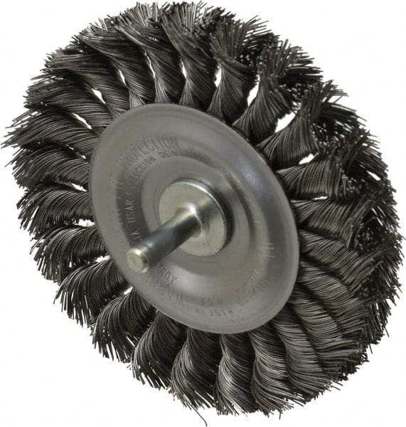 Weiler - 4" OD, 1/4" Shank Diam, Knotted Steel Wheel Brush - 1/2" Face Width, 7/8" Trim Length, 0.014" Filament Diam, 20,000 RPM - Exact Tooling