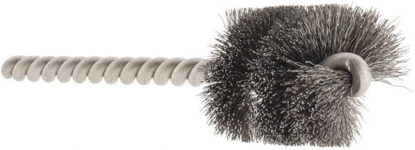 Weiler - 15/16" Diam Helical Steel Tube Brush - 0.005" Filament Diam, 1" Brush Length, 3-1/2" OAL, 7/32" Diam Stainless Steel Shank - Exact Tooling