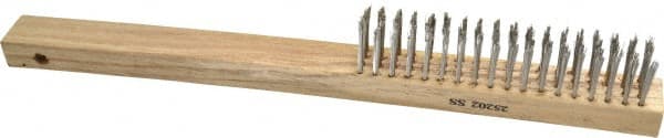 Weiler - 4 Rows x 18 Columns Curved Handle Stainless Steel Scratch Brush - 6" Brush Length, 14" OAL, 1" Trim Length, Wood Curved Handle - Exact Tooling