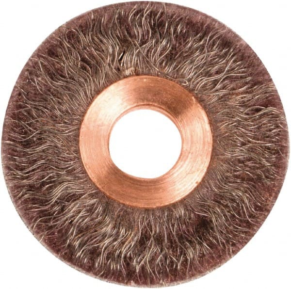 Weiler - 2" OD, 1/2" Arbor Hole, Crimped Steel Wheel Brush - 1/4" Face Width, 1/2" Trim Length, 0.0104" Filament Diam, 20,000 RPM - Exact Tooling