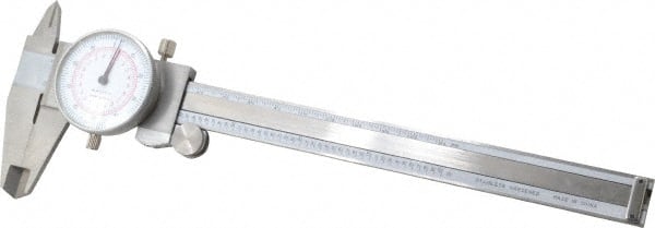 Value Collection - 0mm to 6" Range, 0.001" and 0.02 mm Graduation, 0.1" per Revolution, Dial Caliper - White Face, 1.57" Jaw Length - Exact Tooling