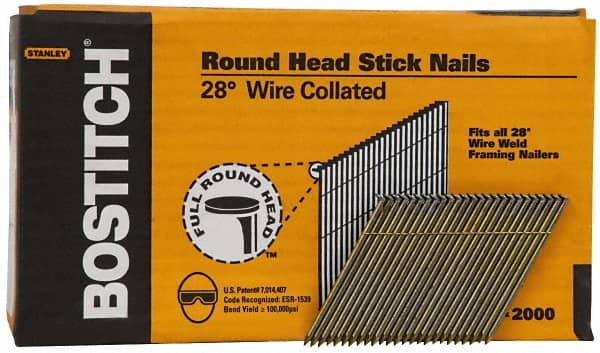Stanley Bostitch - 0.12" Shank Diam 3" Long Framing Nails for Power Nailers - Steel, Smooth Shank, Angled Stick Wire Collation, Round Head, Diamond Point - Exact Tooling