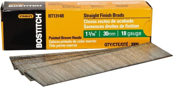Stanley Bostitch - 18 Gauge 0.05" Shank Diam 1-3/16" Long Brad Nails for Power Nailers - Steel, Bright Finish, Ring Shank, Straight Stick Adhesive Collation, Brad Head, Chisel Point - Exact Tooling