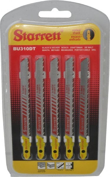 Starrett - 4" Long, 10 Teeth per Inch, Bi-Metal Jig Saw Blade - Toothed Edge, 5/16" Wide x 0.05" Thick, U-Shank, Ground Taper Tooth Set - Exact Tooling