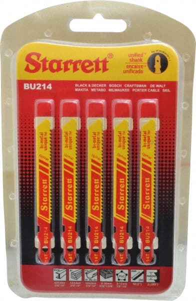 Starrett - 3" Long, 14 Teeth per Inch, Bi-Metal Jig Saw Blade - Toothed Edge, 5/16" Wide x 0.04" Thick, U-Shank, Wavy Tooth Set - Exact Tooling
