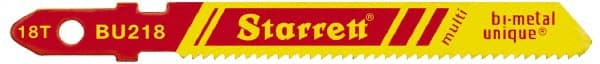 Starrett - 3" Long, 18 Teeth per Inch, Bi-Metal Jig Saw Blade - Toothed Edge, 3/8" Wide x 0.04" Thick, U-Shank, Wavy Tooth Set - Exact Tooling