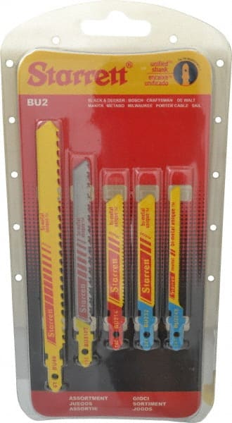 Starrett - 5 Piece, 3" to 5" Long, 6 to 32 Teeth per Inch, Bi-Metal Jig Saw Blade Set - Toothed Edge, 3/16" to 3/8" Wide, 0.04" to 0.05" Thick, U-Shank - Exact Tooling