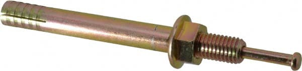 Wej-It - 5/8" Diam, 5/8" Drill, 6" OAL, 1-3/4" Min Embedment Hammer Drive Concrete Anchor - 1018 Iron (Pin)/Steel (Body), Zinc Yellow Dichromate Finish, Hex Nut Head, Hex Drive - Exact Tooling