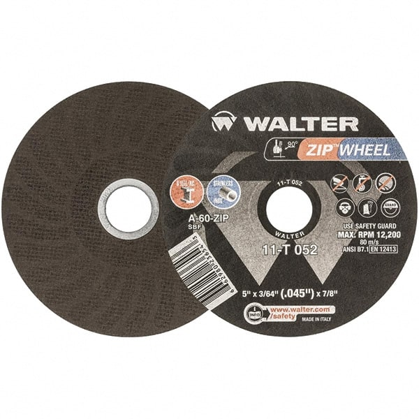 WALTER Surface Technologies - 5" 60 Grit Aluminum Oxide Cutoff Wheel - 3/64" Thick, 7/8" Arbor, 12,200 Max RPM, Use with Angle Grinders - Exact Tooling