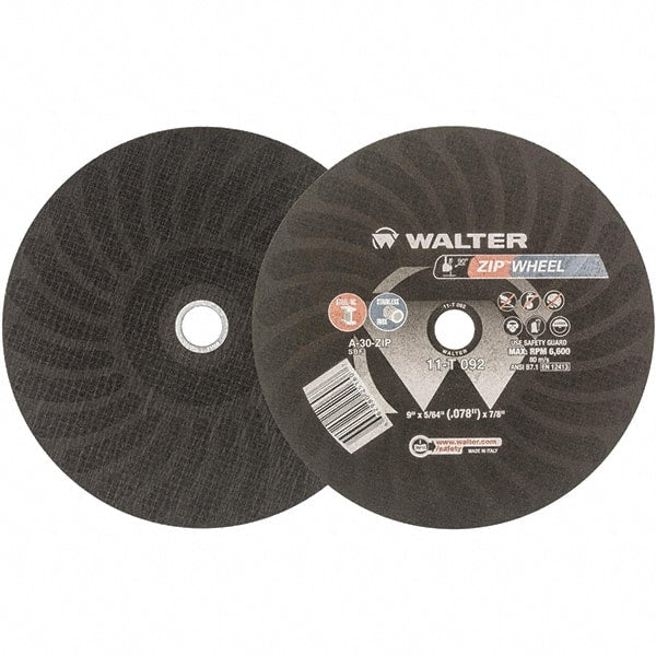 WALTER Surface Technologies - 9" 30 Grit Aluminum Oxide Cutoff Wheel - 5/64" Thick, 7/8" Arbor, 6,800 Max RPM, Use with Angle Grinders - Exact Tooling