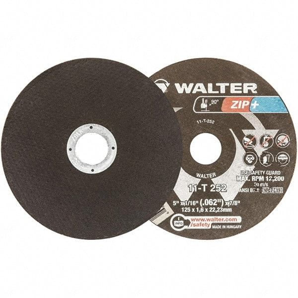 WALTER Surface Technologies - 5" 46 Grit Aluminum Oxide Cutoff Wheel - 1/16" Thick, 7/8" Arbor, 12,200 Max RPM, Use with Angle Grinders - Exact Tooling