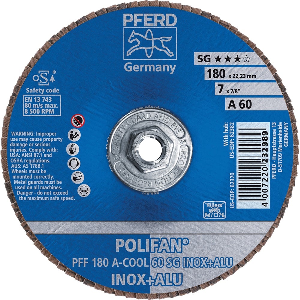 PFERD - Flap Discs; Abrasive Type: Coated ; Flap Disc Type: Type 27 ; Disc Diameter (Inch): 7 ; Abrasive Material: Aluminum Oxide ; Grit: 60 ; Attaching System: Threaded Hole - Exact Tooling