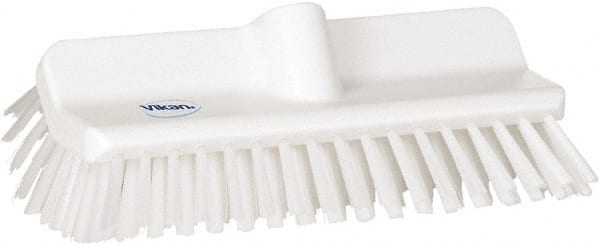Vikan - 1-1/2" Bristle Length, Polyester Cleaning & Finishing Brush - 9-5/8" Long x 5" Wide Head, 10" OAL, European Threaded Handle, White, Polypropylene Block - Exact Tooling