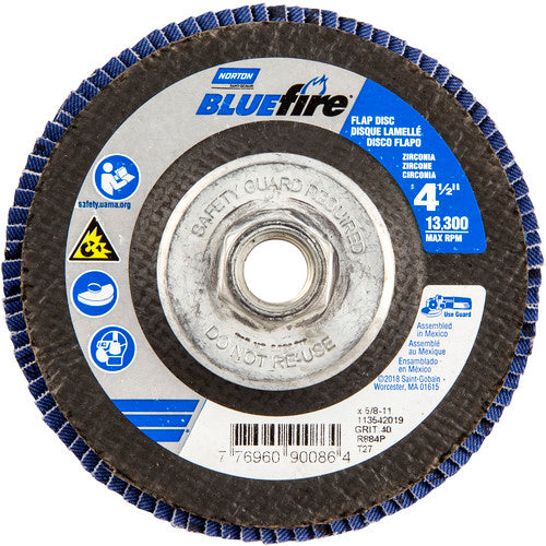 4-1/2 × 5/8 - 11″ BlueFire Fiberglass HD Flat Flap Disc Type 27 P40 Grit R884P1 Zirconia Alumina - Exact Tooling