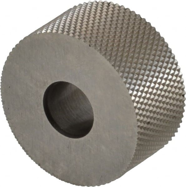 Made in USA - 3/4" Diam, 90° Tooth Angle, 33 TPI, Standard (Shape), Form Type High Speed Steel Male Diamond Knurl Wheel - 3/8" Face Width, 1/4" Hole, Circular Pitch, Series KP - Exact Tooling