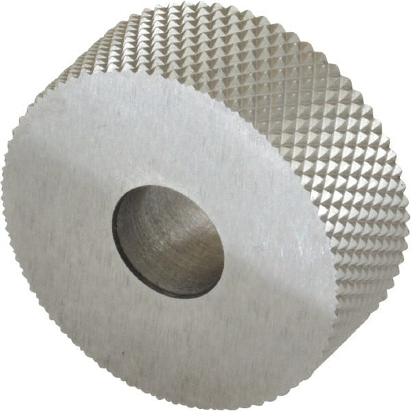 Made in USA - 1" Diam, 90° Tooth Angle, 25 TPI, Standard (Shape), Form Type High Speed Steel Male Diamond Knurl Wheel - 3/8" Face Width, 5/16" Hole, Circular Pitch, 30° Helix, Bright Finish, Series OU - Exact Tooling