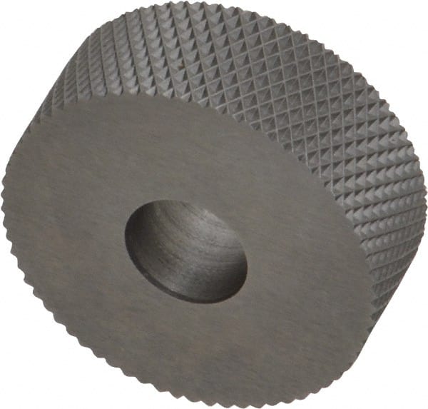 Made in USA - 1" Diam, 90° Tooth Angle, 25 TPI, Standard (Shape), Form Type High Speed Steel Female Diamond Knurl Wheel - 3/8" Face Width, 5/16" Hole, Circular Pitch, 30° Helix, Bright Finish, Series OU - Exact Tooling
