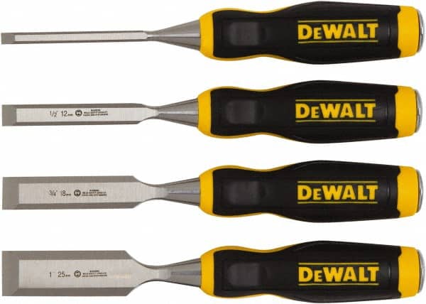 DeWALT - 4 Piece Wood Chisel Set - 11-29/32" OAL, High-impact Polypropylene & Rubber, Sizes Included 1/4 to 1" - Exact Tooling