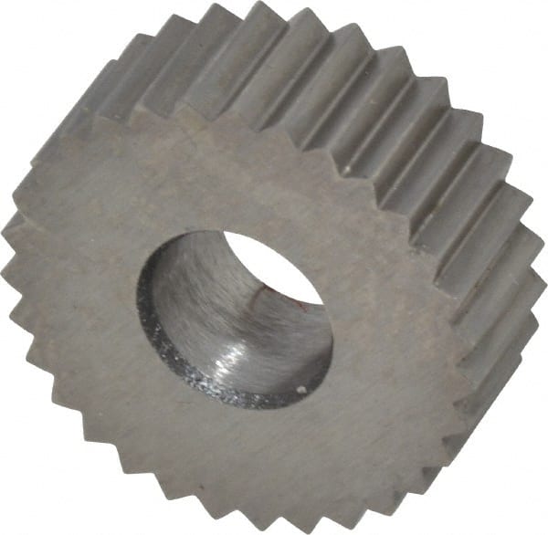 Made in USA - 1/2" Diam, 90° Tooth Angle, 20 TPI, Standard (Shape), Form Type High Speed Steel Straight Knurl Wheel - 3/16" Face Width, 3/16" Hole, Circular Pitch, Bright Finish, Series EP - Exact Tooling