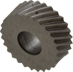 Made in USA - 1/2" Diam, 90° Tooth Angle, 20 TPI, Standard (Shape), Form Type High Speed Steel Right-Hand Diagonal Knurl Wheel - 3/16" Face Width, 3/16" Hole, Circular Pitch, 30° Helix, Bright Finish, Series EP - Exact Tooling