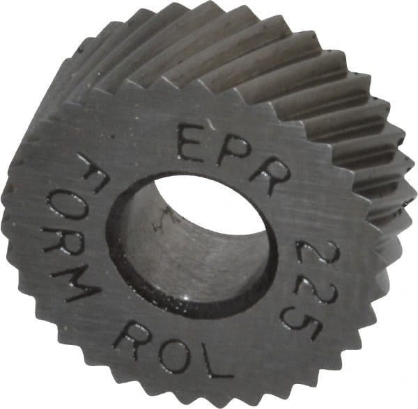 Made in USA - 1/2" Diam, 90° Tooth Angle, 25 TPI, Standard (Shape), Form Type High Speed Steel Right-Hand Diagonal Knurl Wheel - 3/16" Face Width, 3/16" Hole, Circular Pitch, 30° Helix, Bright Finish, Series EP - Exact Tooling